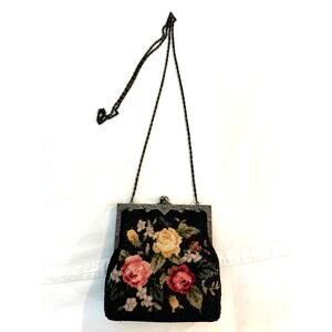 Needlepoint Purse Evening Bag Vintage kiss lock beaded floral w chain strap